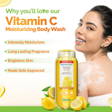 Mamaearth Vitamin C Moisturizing Body Wash with Vitamin C & Refreshing Lemon Scent for Skin Illumination- 275ml | Deeply Cleanses | Intensely Moisturizes | Long-Lasting Fragrance | Radiant Glow | All Skin Types (Pack of 3)